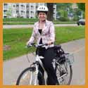 Subject: Rebecca Grossberg, Car-Free Challenge leader; Location: Bike path near Monona Terrace, Madison, WI; Date: Spring 2004; Photographer: Sonya Newenhouse