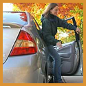 Subject: Sonya Newenhouse Stepping out of a Toyota Prius Hybrid; Date: Fall 2003; Photographer: David Nevala